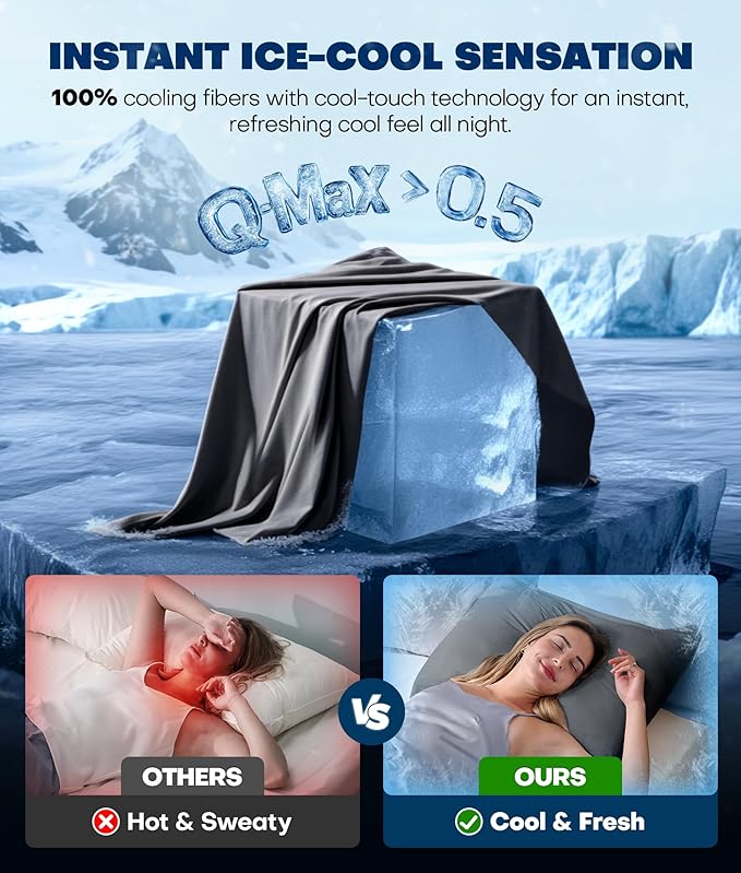 Ultra-Chill Cooling Pillowcase Set of 2 for Hot Sleepers, Softer Than Silk Pillow Cases for Protecting Hair & Skin, Breathable Bed Pillow Covers w/Zipper, Gifts for Women Men(Dark Gray, King) - Bloomnest