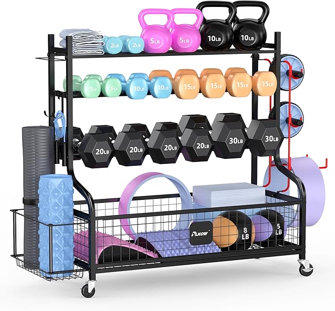 PLKOW Dumbbell Rack, Weight Rack for Dumbbells, Home Gym Storage for Dumbbells Kettlebells Yoga Mat and Balls, All in One Workout Storage with Wheels and Hooks, Powder Coated Finish Steel - Bloomnest