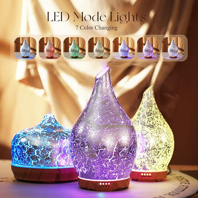 Porseme 280ml Essential Oil Diffuser, 3D Glass Aromatherapy Diffusor, Ultrasonic Cool Mist BPA Free Aroma Humidifier with Timer and Color Changing Function, Waterless Shut-Off for Home Office Room - Bloomnest