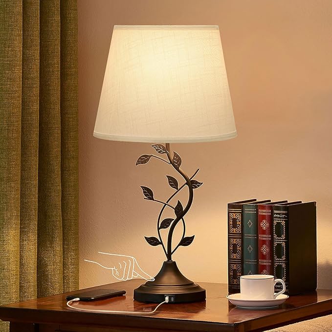 Kakanuo USB Touch Table Lamp Bedside Lamp with USB C Charging Ports for Living Room, White 3 Way Dimmable Traditional Nightstand Lamp Retro Table Lamp for Bedroom and Office (LED Bulb Included) - Bloomnest