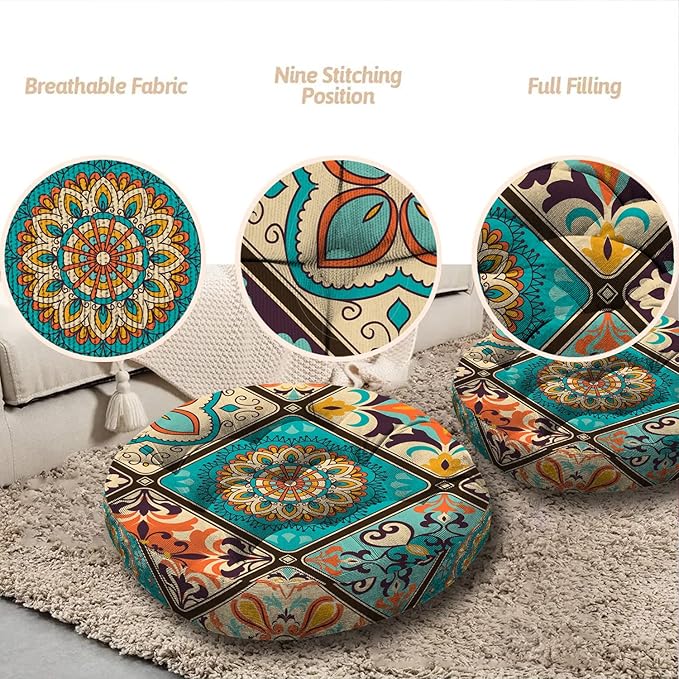 Mandala Meditation Cushion, Boho Meditation Mat, Meditation Pillows for Sitting on Floor, Cushions for Sitting in Home and Outdoor, Round Floor Pillows Cushion Seating for Yoga 22'' X 22'' - Bloomnest