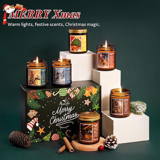 Christmas Candle Gift Set, 6 Pack Holiday Scented Soy Candles for Home, Winter Aromatherapy Candle, Xmas Gift for Women Men, Long Lasting Christmas Tree, Cookie, Spice, Garland, Eve & Wishes Fragrance - Bloomnest