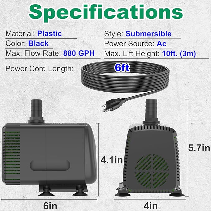 Submersible Pump 880GPH (3500L/H 60W) Ultra Quiet with Over Heating Protection 10.2ft High Lift for Fountains, Hydroponics, Ponds, Aquariums & More… - Bloomnest