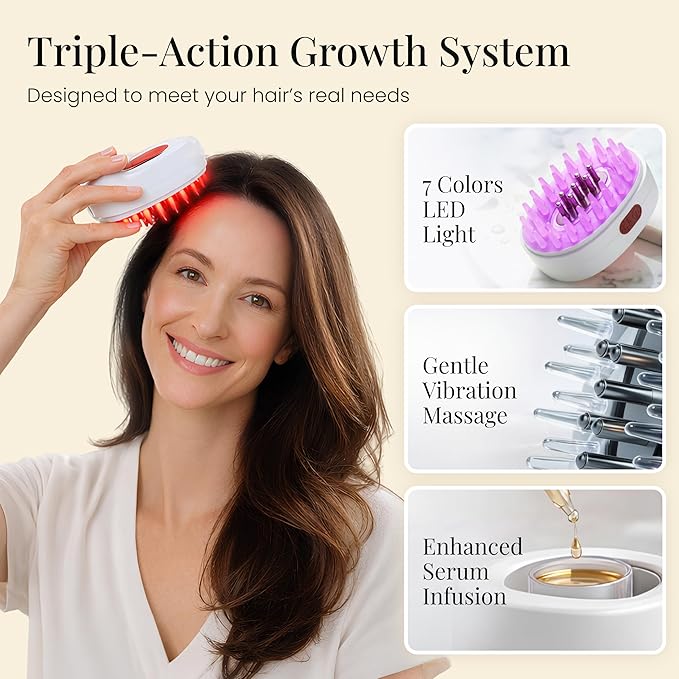 7-1 Red Light Hair Brush Comb | Vibrating Electric Red Light Scalp Massager + Oil Applicator for Fuller-Looking Hair Care | Scalp Massage for Head Spa | Portable, Cordless & Waterproof Scalpistry