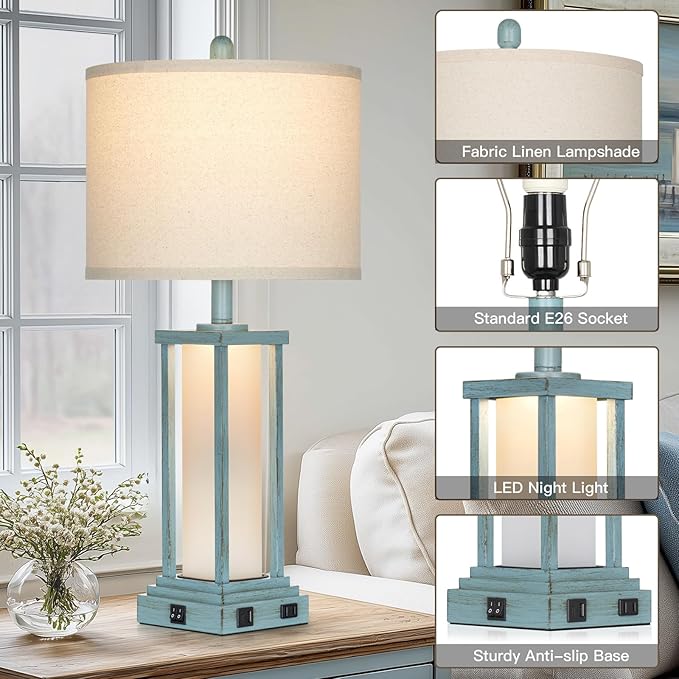 27" Tall Vintage Table Lamp Set of 2 with USB C+A & Outlet,Nightstand Lamp for Living Room,Coastal Bedside Lamps with Frosted Glass Night Light for Bedroom Entryway,Blue - Bloomnest