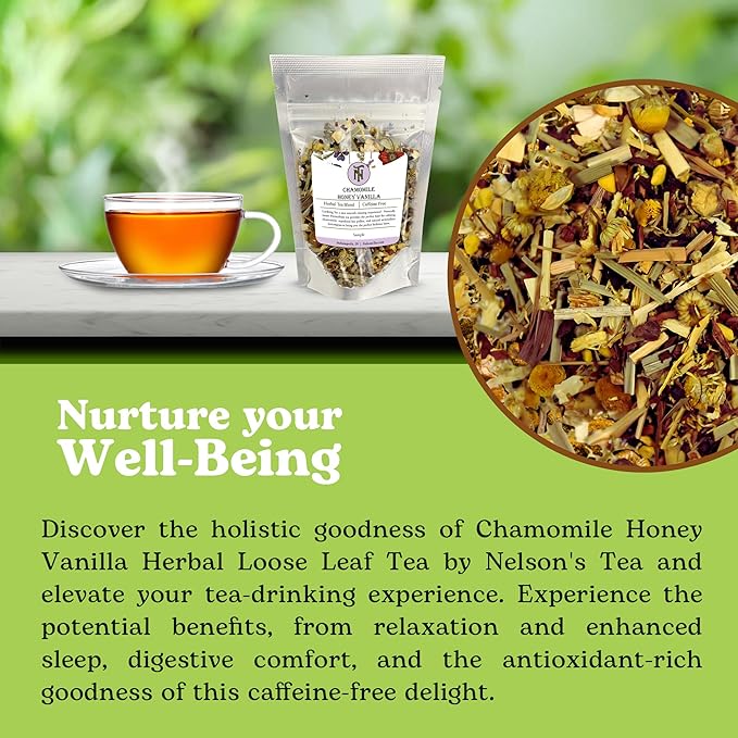 Nelson's Tea Chamomile Honey Vanilla - Caffeine-Free - Herbal Loose Leaf Tea, Curated Blend with Honeybush, Chamomile, Lemongrass, Licorice Root, Toasted Coconut, and Bee Pollen - Bedtime Brew (Sample 0.3 Oz) - Bloomnest