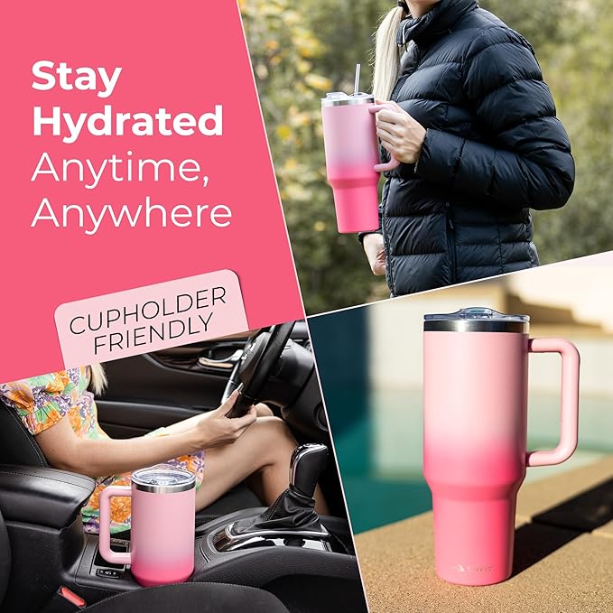 40 oz Tumbler With Handle and Straw Made of Stainless Steel - Double Wall Vacuum Insulated Tumbler With Lid - Sweat Proof Easy Grip, BPA-Free, Dishwasher Safe Tumbler (Misty Pink) - Bloomnest
