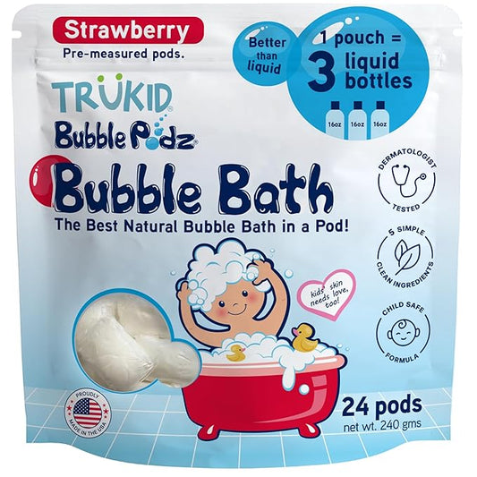 TruKid Bubble Podz Bubble Bath for Kids, Toddlers, & Babies, Tear Free Gentle & Refreshing Bath Bomb for Sensitive Skin with Natural Moisturizers, Non-Toxic, pH Balanced, Strawberry Scent (24 Podz) - Bloomnest
