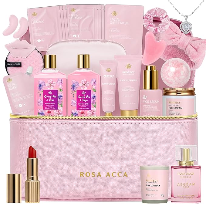 25 Pcs Valentines Day Gifts for Women, Luxury Rose Bath & Body Gift Set, Hydrating Skin Care Kit, Self Care Gifts, Cosmetic Bag, Necklace, Christmas, Birthday, Mothers Day, Anniversary - Bloomnest