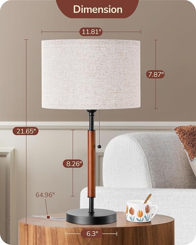 EDISHINE Mid Century Table Lamp, Pull Chain Switch Bedside Lamp with Linen Shade, Solid Wood Pole & Black Metal Base, Modern Nightstand Lamp for Bedroom, Living Room, Office, E26 Base - Bloomnest