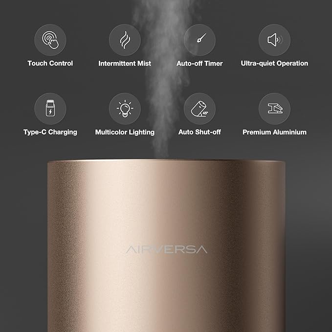 Airversa Waterless Essential Oil Diffuser for Home Room Desk Car Air Freshener Diffuser, Up to 600 sq ft, Battery Operated, Mist Level and Timer Settings, 100mL Capacity, Cold Air, RD1 Titainium - Bloomnest