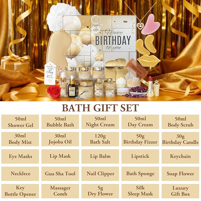 24Pcs Happy Birthday Gifts for Women Mom - Luxury Birthday Presents Spa Gift Set, Bath and Body Gift for Sister Girlfriend Wife Grandma with Necklace, Birthday Gift Set Idea for Women Female Friends