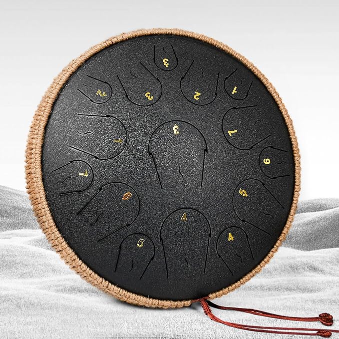 Steel Tongue Drum - 14 Inch 15 Note Tongue Drum - Hand Pan Drum with Music Book, Handpan Mallets and Carry Bag, C Major, Black - Bloomnest