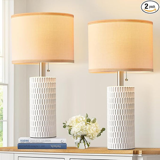 Table Lamps for Living Room Set of 2, Ceramic Table Lamps for Bedroom, 20" Modern Lamps for Night Stands, White - Bloomnest