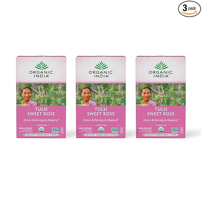 ORGANIC INDIA Tulsi Sweet Rose Herbal Tea - Holy Basil Leaf, African Basil, Chamomile, Lemon Myrtle, Stress Relieving, Caffeine Free - 18 Bags, 3 Pack - Bloomnest