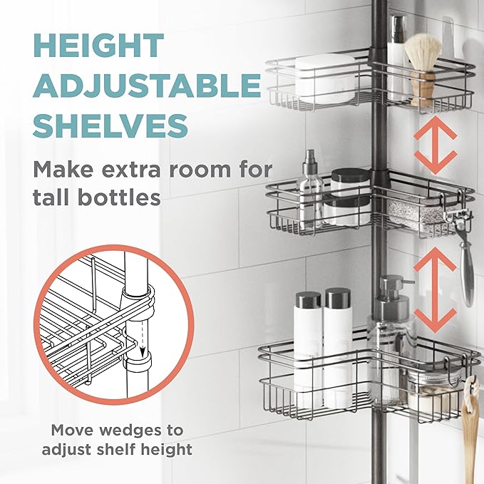 Zenna Home Tension Pole Shower Caddy Corner Organizer, Adjustable Standing Shower Caddy with 4 L-shaped Baskets and Hooks, Rust Resistant Bathroom Tension Rod Organizer, 60 to 97 Inch, Bronze - Bloomnest