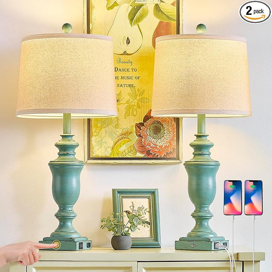 27.5" Set of 2 Farmhouse Table Lamps for Bedroom, 3 Way Dimmable Bedside Lamp with 2 USB +AC Outlet Nightstand Lamps for Living Room Resin Rustic Touch Lamps (Antique Green) - Bloomnest