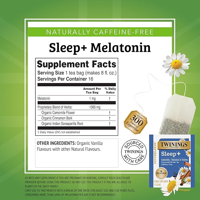 Twinings Superblends Sleep+ Herbal Tea with 1mg Melatonin Camomile, Cinnamon & Vanilla, Naturally Caffeine-Free, 16 Tea Bags (Pack of 2), Enjoy Hot or Iced - Bloomnest