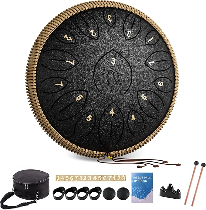 Steel Tongue Drum 12 Inch 15 Notes, Steel Drums Instruments for Kids Adults, Hand Pan Drum with Music Book, Drum Mallets and Carry Bag, Handpan C Major, Black - Bloomnest