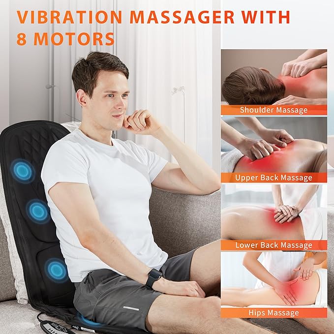 Back Massager with Heat, Seat Massager with 8 Powerful Vibration Motors, Portable Massage Chair Pad for Office Home Use, Gift for Men/Women/Family/Friends - Bloomnest