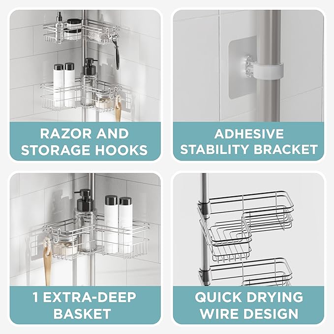 Zenna Home Tension Pole Shower Caddy Corner Organizer, Adjustable Standing Shower Caddy with 4 L-shaped Baskets and Hooks, Rust Resistant Bathroom Tension Rod Organizer, 60 to 97 Inch, Satin Nickel - Bloomnest