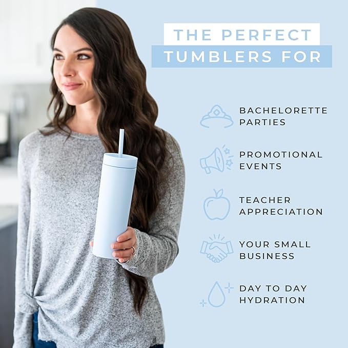 STRATA CUPS Periwinkle Skinny Tumblers with Lids and Straws (12 pack) - 16oz Double Wall Acrylic Tumbler, Tall Matte Skinny Tumblers, Bulk with Free Straw Cleaner, Reusable Cups - Bloomnest