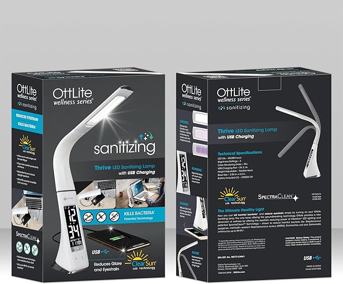OttLite Thrive LED Sanitizing Desk Lamp with Clock and USB Charging - Eliminates up to 99.9% of Bacteria, Touch Activated, Flexible Neck, Modern Light for Reading, Crafting & Office Desktop - Bloomnest