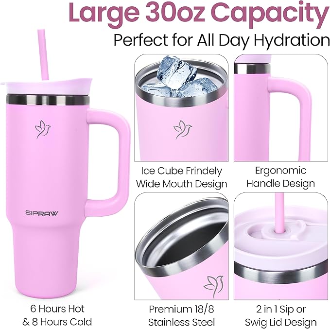 Tumbler with Handle, Insulated Tumbler with Lid and Straw, Stainless Steel Travel Coffee Mug, Cup Holder Friendly, Perfect for Camping, Travelling & Gifting, 30oz, Pink - Bloomnest