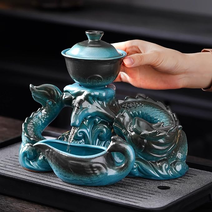 Semi Automatic Tea Set Ceramic Teapot with Infuser Magic Teapot with 8 cups (Light Blue Dragon-D) - Bloomnest