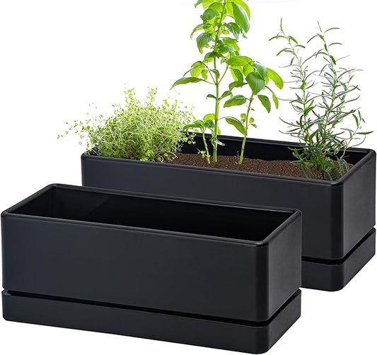 D'vine Dev 12 Inch Window Box Planter, Rectangle Plastic Herb Planter with Drainage Holes and Saucer, Indoor Succulent Cactus Vegetable Pot for Windowsill, Garden Balcony, Black, Set of 2, 76-X-B-2 - Bloomnest