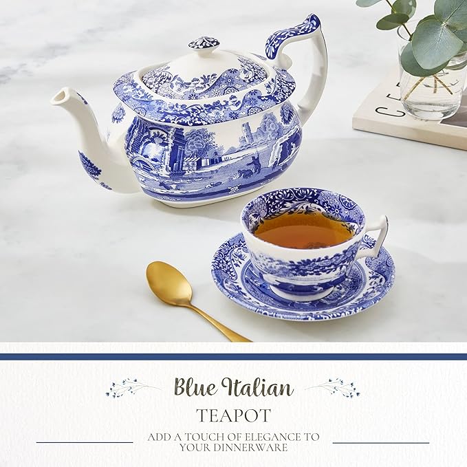 Spode Blue Italian Teapot with Infuser - 40 oz Countryside-Inspired Ceramic Teaware for Afternoon Tea, Earthenware Brunch Tableware, Vintage-Inspired Tea Party Hosting - Bloomnest
