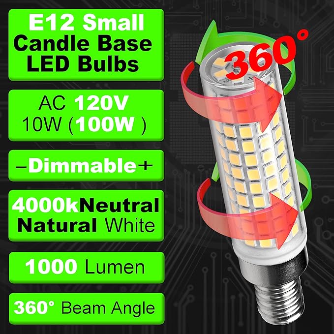 E12 100W Dimmable C7 T6 LED Corn Light Bulbs, 4000K Natural White 1000 Lumen 10W E12 LED Candelabra Light Bulbs for Home Decorative Chandelier Pendant Ceiling Fan Lighting Salt Lamp, 3 Pack - Bloomnest
