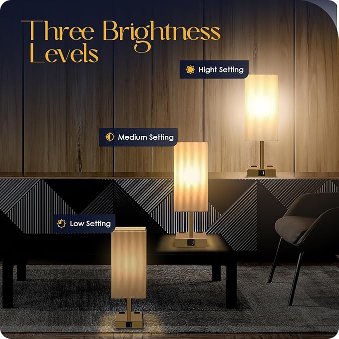 Bedside Lamp with USB Ports - Touch Control Table Lamp for Bedroom with USB C+A Ports & AC Outlets, 3 Way Dimmable Nightstand Light with Pleated Shade for Living Room(Bulb Included) - Bloomnest