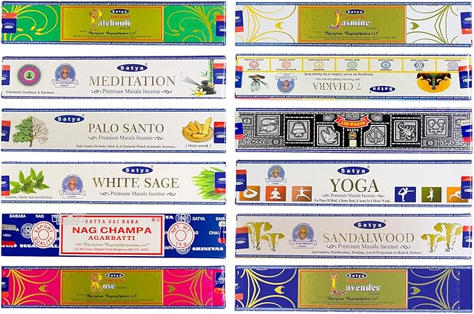 satya Incense Sticks - 12 Boxes | 7 Chakra White Sage Sandalwood Meditation Jasmine Yoga Palo Santo Rose Patchouli Nag Champa Lavender Superhit - 140+ Natural Incienso | 45+min Burn Variety Pack KRAFTANGLE
