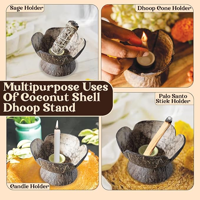Handmade Coconut Shell DHOOP Stand – Eco-Friendly Natural Incense Holder Charcoal/Cone Burner, Sage Stand, Palo Santo Holder, Ash Catcher for Aromatherapy, Meditation, Yoga, Spiritual - Bloomnest