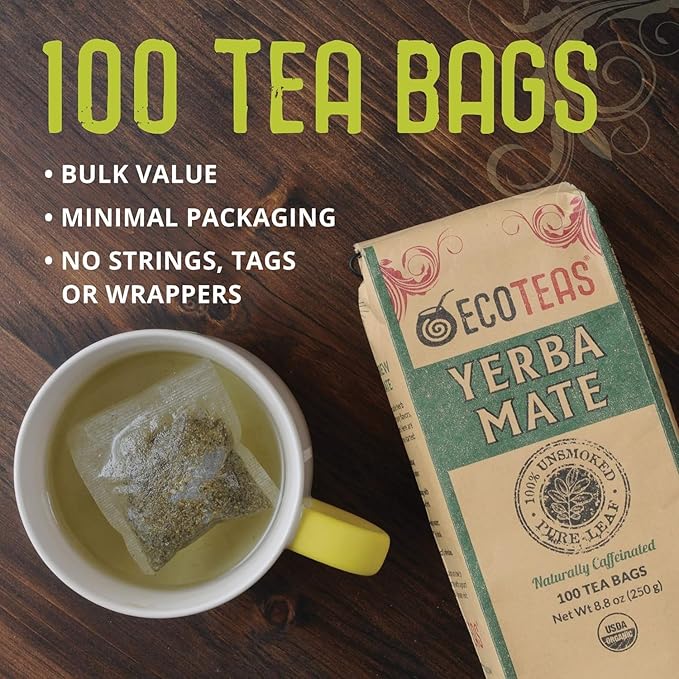 ECOTEAS Premium Organic Yerba Mate Tea Bags – Natural Energy & Detox Herbal Tea – Coffee Alternative - Kosher, Non-GMO, Gluten-Free - 100 Unsmoked Bulk Bags, 8.8 oz (Pack of 2) - Bloomnest