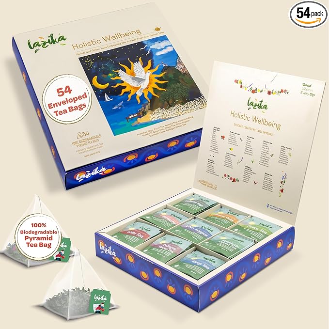 Lazika Herbal Tea Variety Pack with Lovely Presentation Box, 54 Counts, Holistic Wellbeing Tea Assortment Gift Set, Premium Collection with Pyramid Infuser Bag, Handcrafted - Bloomnest