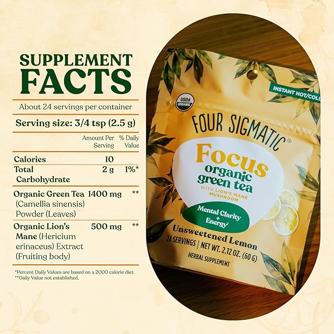 Four Sigmatic Focus Organic Green Tea | Focus Enhancing Tea with Lion's Mane Mushroom Extract | Organic Green Tea, Mint, and Rose Hips | Vegan, Gluten-Free | Unsweetened with Lemon, 24 Servings - Bloomnest