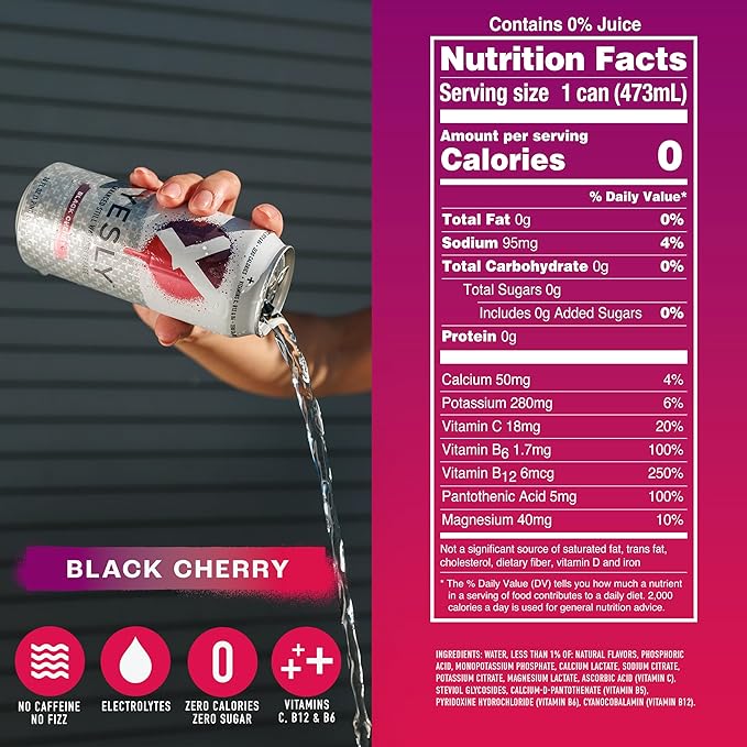 Yesly Functional Water, Black Cherry, Naturally Flavored Still Water with Electrolytes, Magnesium, Potassium, Vitamin C, B6 & B12, Zero Sugar, No Artificial Sweeteners, 16 Fl Oz Cans, 12 Pack