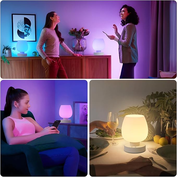 Cordless Portable Touch Bedside Table Lamp - Rechargeable Modern Small Table Lamp with White Glass Shade, Stepless Dimmable & 8 RGB Colors & Memory, Desk Lamp for Nursery Bedroom Nightstand, Gifts - Bloomnest
