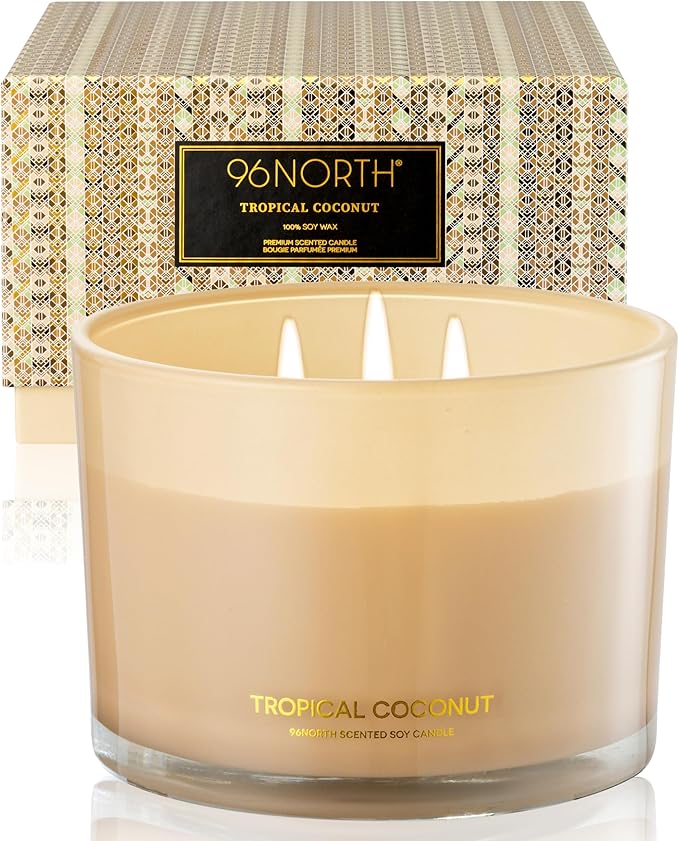 96NORTH Luxury Coconut Soy Candle | Large 3 Wick Jar Candle | Up to 50 Hours Burning Time | Tropical Beach Scented Candles for Home | 100% Natural Soy Wax | Housewarming Gift for Women and Men - Bloomnest