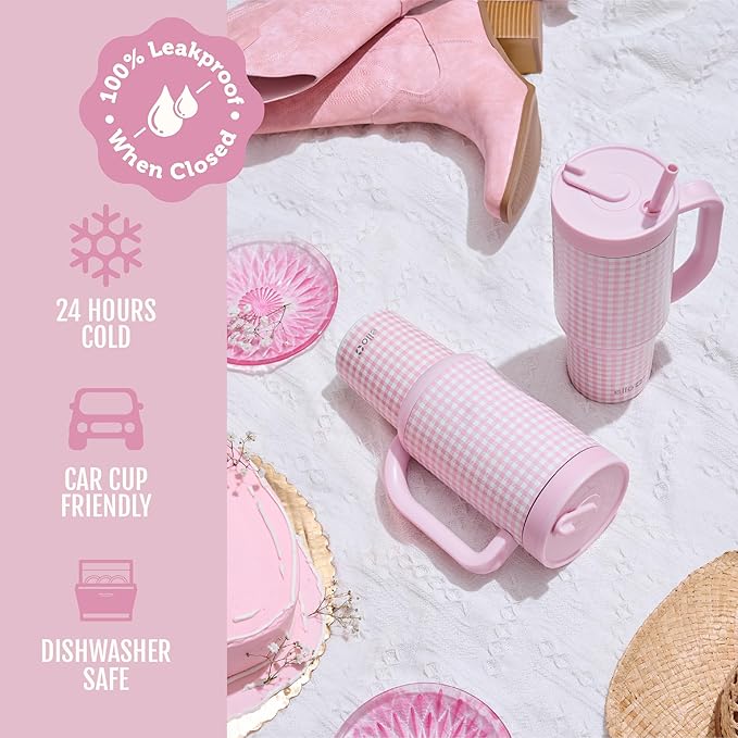 Ello Oasis 40 oz Tumbler with Handle & Retracting Straw | Reusable Insulated Stainless Steel Cup 100% Leakproof, Gifts for Teens Women Men | Keeps cold for 24 Hours, Cup Holder Friendly, Pink Gingham - Bloomnest