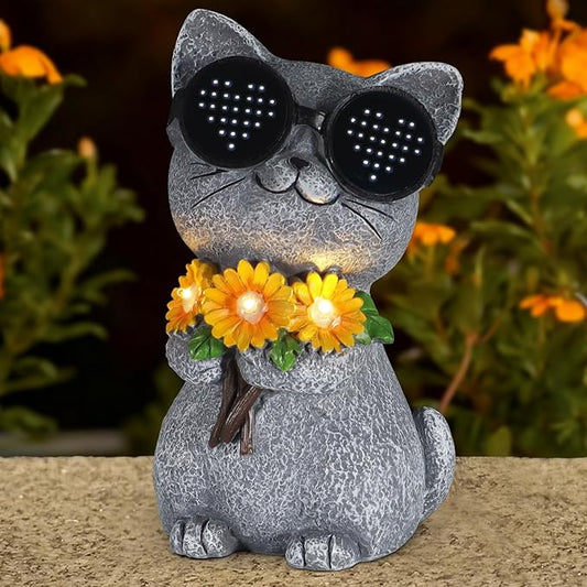 Solar Garden Statues Cat with Daisy and LED Lights Birthday Gifts for Women Mom Grandma Solar Outdoor Decor for Patio Backyard Yard Lawn Decoration-Unique Housewarming Gifts - Bloomnest