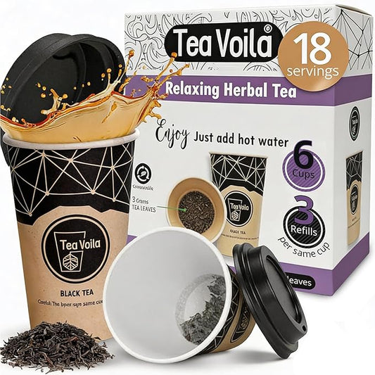TeaVoila Instant Brew Tea in A Cup - Organic Loose Leaf Herbal Tea – Tea Infuser Built In Biocompostable 6 Cups, Each Refillable 3x, 18 Servings in Total – No Tea Bags Needed, For Office & Travel