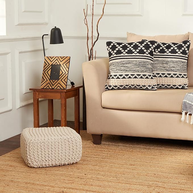 REDEARTH · Cube Low Pouf Foot Stool Ottoman - Hand Knitted Poof - Cord Boho Pouffe - Home Décor - Stuffed Footrest for Living Room - Nursery - Bedroom - Covered Patio - Room (16" x 16" x 8") - Ivory - Bloomnest