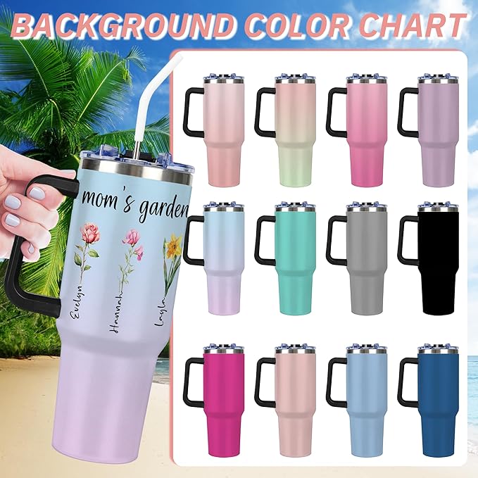 Personalized Birth Flower Tumbler with Handle and Straw Lid, Custom 40oz Cup with Name for Women, Mothers Day Birthday Gifts From Daughter, Stainless Steel Travel Coffee Tumbler, Gifts for Christmas - Bloomnest