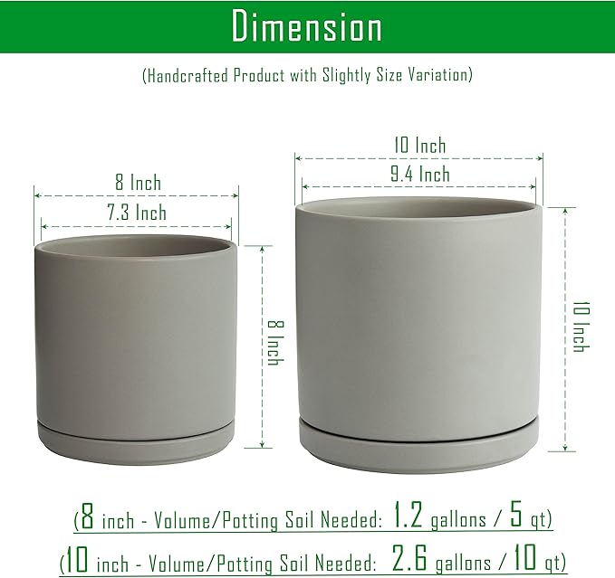 D'vine Dev 8 Inch & 10 Inch Ceramic Planter Pot for Plants with Drainage Hole and Saucer, Large Plant Pots Set, Grey, 94-G-L-3 - Bloomnest