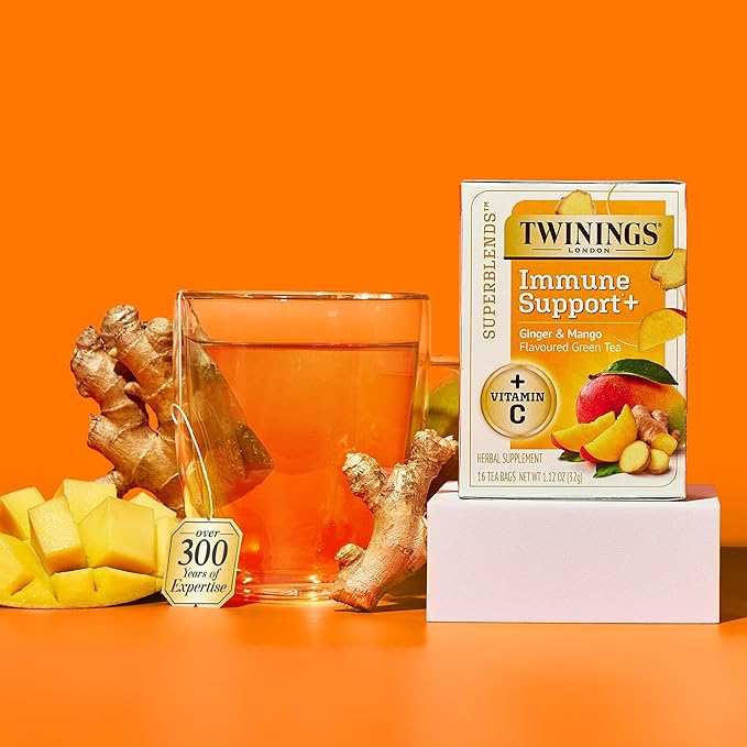 Twinings Superblends Immune Support+ Herbal Tea with Vitamin C, Ginger & Mango Flavoured Green Tea, 16 Tea Bags (Pack of 1), Enjoy Hot or Iced - Bloomnest