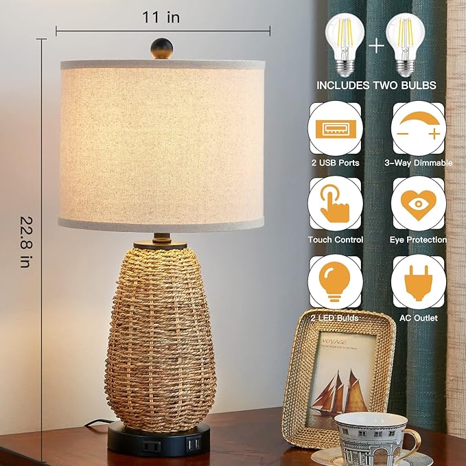 Touch Control Rattan Table Lamps, 3 Way Dimmable Bedside Lamps for Bedroom Set of 2 with 2 USB Ports and AC Outlet, Grass Rope Nightstand Lamps for Living Room Office (2 LED Bulbs Included) - Bloomnest