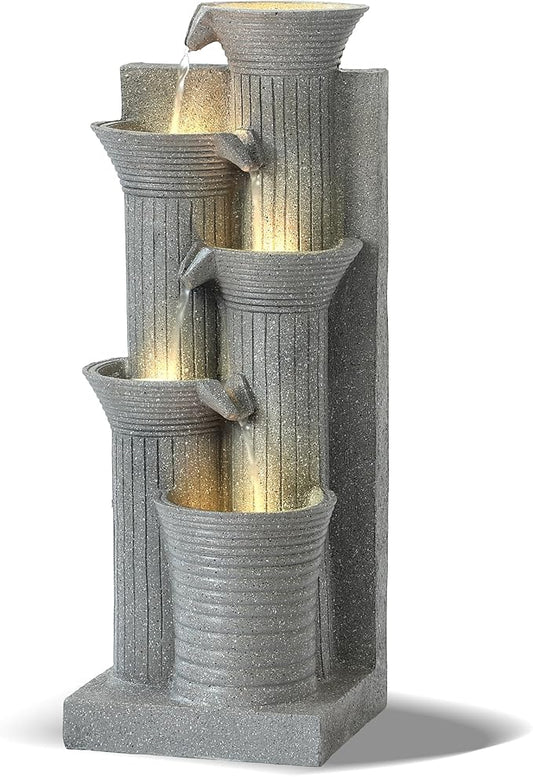 Grepatio Outdoor 5-Tiers Cascading Water Fountain, Garden Waterfalls Fountain with LED Lights, 24" H Modern Indoor Floor Standing Water Fountains with Pump for Patio, Yard, Deck Decor (Light Grey) - Bloomnest